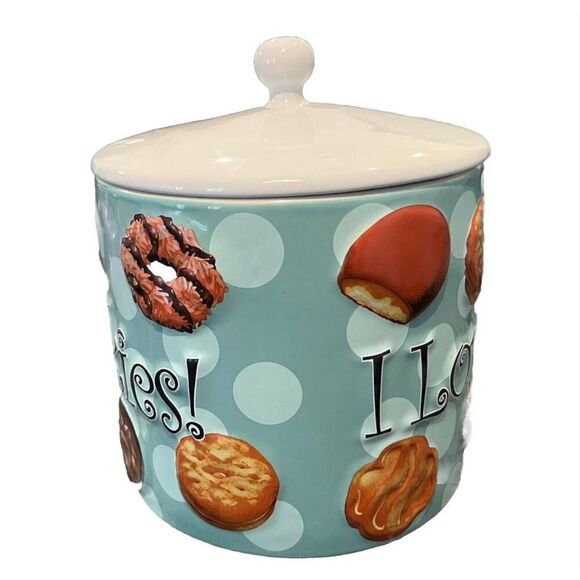 Y2K I Love Girl Scout Cookies Ceramic Jar With Lid Blue 3D Cookie Favorites 2006 - Picture 5 of 14